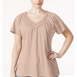 Crochet V-Neck Tee Women's Plus 1x‎ Brown JM Collection Stretch Comfy Top NWT